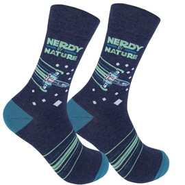 FUNATIC Nerdy by Nature Novelty Crew Socks | Unisex Nerd Comedy Lover Gift with Sarcastic Text | Fun Sarcasm Message | Science Fair Holiday Party Day Apparel Present for Men Women | One Size Fit Most