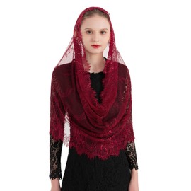 PAMOR Spanish Style Lace Traditional Vintage Inspired Infinity Shape Mantilla Veil Latin Mass Head Covering (Burgundy)