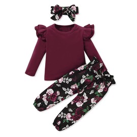 SANMIO 24 Month Girl Clothes Baby Girl Outfits Solid Color Ruffle Top+ Floral Pant + Headband 3Pcs Toddler Baby Girl Fall Outfits Set