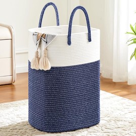 Laundry Basket,Woven Cotton Rope Laundry Hamper,60L Versatile Storage for Dirty Clothes,Baby Toys,and Blankets in Bathroom, Nursery,and Living Room - Color: Blue, Size: 60L