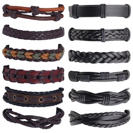 JewelryWe 12PCS Retro Braided Bracelets Leather Cuff Wrap Around Bracelets Wristbands for Men Women,Adjustable