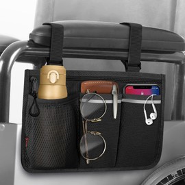 FINPAC Wheelchair Bag for Armrest - Wheelchair Bag with Reflective Stripes Wheelchair Bag with Name Card Compartment for Walkers, Mobility Scooters, Rollators (Black)