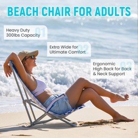 #WEJOY High Back Beach Chair for Adults, Heavy Duty Beach Chairs for Adults with Headrest, Lightweight Portable Chair for Camping Sand Lawn, Support to 300lbs, Green