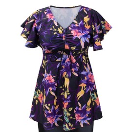 Fanuerg Women's Flowy Tankini Top Only Ruffle Sleeve Swim Bathing Suit Tops Modest Drawstring Swimsuit Top No Bottom Purple Floral XL