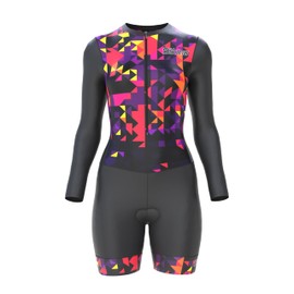 Sikma Ladies Cycling Skinsuit Women Padded One Piece Trisuit Bike Top Short Sublimated Design bib Short Long Sleeves (Yellow, Small)