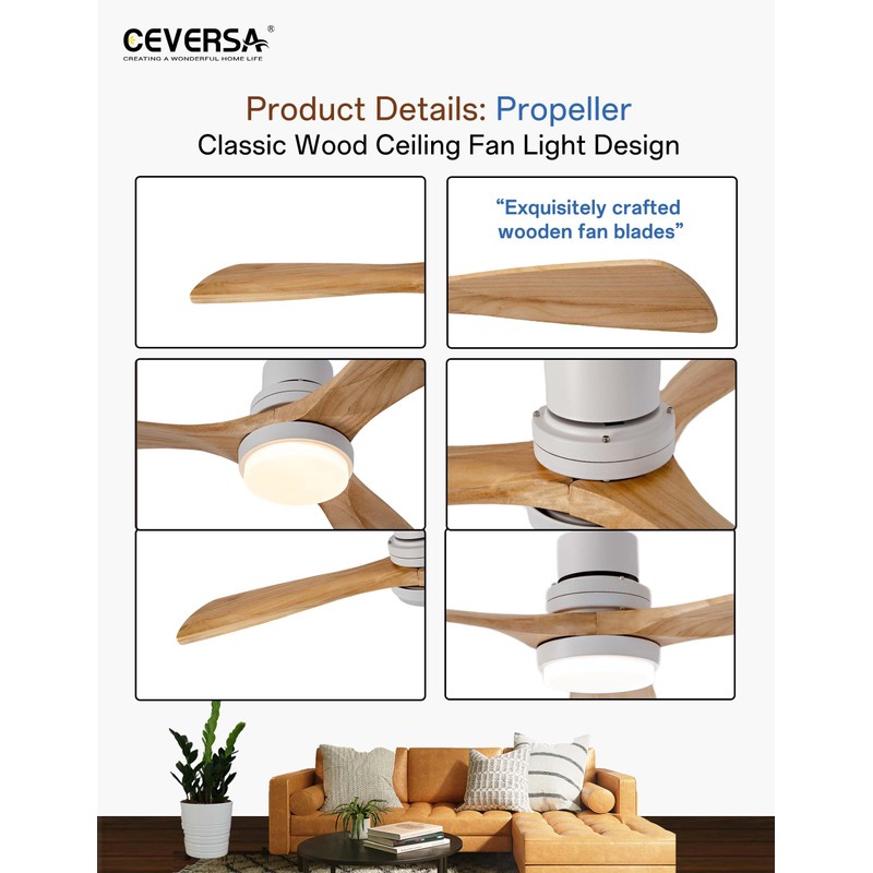 Ceversa 52 Inch Natural Wood Ceiling fans with Lights and
