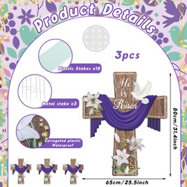 Baquler 3 Pcs 31.4 Inch He Is Risen Easter Yard Decorations Outdoor Stakes Religious Cross Decor with Lily & Dove, Waterproof Outdoor Lawn Sign for Spring Porch Garden Decor