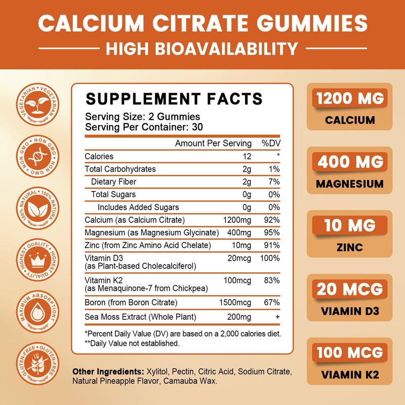 GONGOTA Calcium Citrate 1200mg with Vitamin D3 Gummies, Chewable Calcium