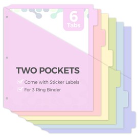 Plastic Binder Dividers with Two Pocket and Tab Binder Divider for 3 Ring Binder,6 Tab (Pink)