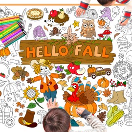 HOWAF Happy Thanksgiving Coloring Poster with 24 pcs (12 Colors) Paint Pens, Fall Harvest Themed Jumbo Paper Coloring Banner or Tablecloth with Turkey Pumkin Design for Kids Classroom Home Party Supplies