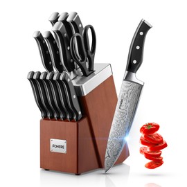 Knife Set, FOHERE 14 Pieces Self Sharpening Knife Block Set, Waved Pattern High Carbon Stainless Steel Knife Set, Rust & Stain Resistant Kitchen Knives and Triple Riveted Handle, Reddish Brown