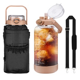 chunmo 64oz Glass Water Bottle with Straw and Sleeve Half Gallon Motivational Water Bottle with Time Marke and Strap 2L Leakproof Borosilicate Reusable Water Jug for Gym Outdoors