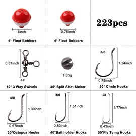 Fishing Bobbers Tackle Kit - 223pcs Fishing Bobbers Kit with Box Include Fishing Bobbers Hooks Swivel Sinkers Fixed Float Rigs Octopus Hooks Baitholder Hooks Aberdeen Hooks for Dropper Rig