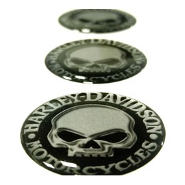 Kit of 3 Resin Skull HD Stickers, Compatible with Harley Models, Black/Silver. Each single sticker measures 35 mm