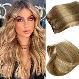 Sew in Hair Weft Extensions Human Hair 22 Inch 120G Hand Tied Weft Hair Extensions Blonde Real Remy Hair Sew In Weave Extensions Ash Brown with Platinum Blonde Highlight Human Hair Double Weft Bundles