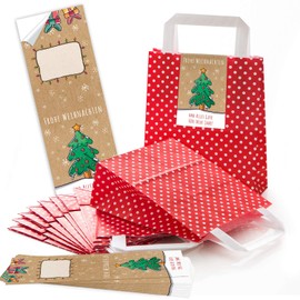 Logbuch-Verlag 10 Red Christmas Bags with Carry Handle 18 x 8 x 22 cm + Christmas Stickers Merry Christmas & Happy New Year - Packaging