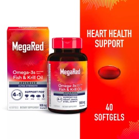 MegaRed Advanced Ultra Strength Omega-3s Fish & Krill Oil Softgels, 900mg, 40 Ct