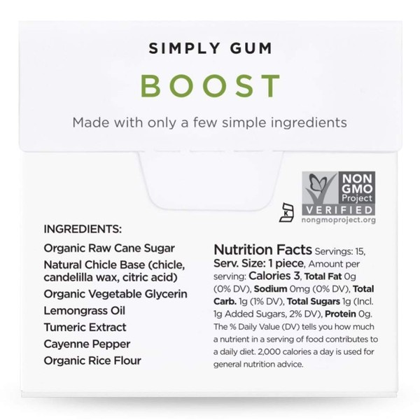 Simply Gum | Natural Chewing Gum | Boost with Lemongrass and Turmeric | Pack of Six (90 Pieces Total) | Plastic Free + Aspartame Free + non GMO