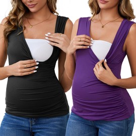 MARI GABRIEL Womens Nursing Tank Tops 2-Pack Sleeveless Outfits Ruched V-Neck Maternity Wrap Breastfeeding Shirts XX-Large Black&Purple