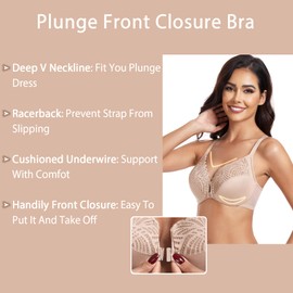 HACI Women's Front Closure Bra Underwire Unpadded T-Back Plus Size Lacy Full Coverage Racerback T-Shirt Unlined(Beige,40DD)