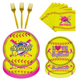 Rakuto Softball Party Decorations Supplies - 96PCS Softball Party Plates Napkins Forks Softball Paper Plates Dinnerware Sports Softball Birthday Party Baby Shower Decoration Tableware Set (24 Guests)