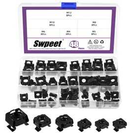 Swpeet 48Pcs 6 Sizes M4 M5 M6 M8 M10 M12 Black Zinc Plated Carbon Steel Snap-in Cage Nuts, Square Cage Nut, Rack Rail Retainer Nuts, Server Shelf Cabinets Rack Mount Cage Nuts, Clip-On Computer Nuts
