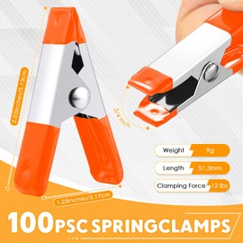 Honeydak 100 Pcs 2 Inch Mini Metal Spring Clamps Bulk 3/4 Inch Jaw Opening Rubber Tips Clips Small Spring Clips Heavy Duty Clamps for Crafts Garden Backdrop Photo Studio Wood Working DIY (Orange)