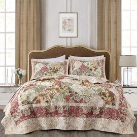 Chezmoi Collection Lunaria 3-Piece Washed Patchwork Cotton Quilt Set - Soft Lightweight Breathable Reversible Floral Quilted Bedspread for All Seasons. Oversized King Size