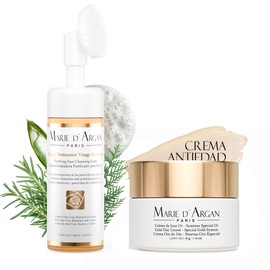 MARIE D'ARGAN Kit Crema Facial Oro de 24K de Día de 50 g y Espuma Limpiadora Facial Profunda De 160 ml, Antiarrugas, Hidratante, Péptidos, Escualeno, 