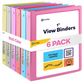 3 Ring Binder 1 Inch, 1” Clear View Cover with 2 Inside Pockets Round Ring Binder, Colored School Supplies Binders, in Grey, Pink, Blue, Purple, Green, and Red, Multicolor (6 PC) – by Enday