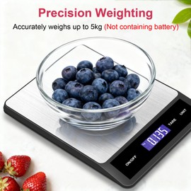 Alyvisun Digital Kitchen Scales, 5kg-1g Electronic Cooking Scales with 6 Units, Tare Function and LCD Slanted Display, Stainless Steel Food Weighing Scale
