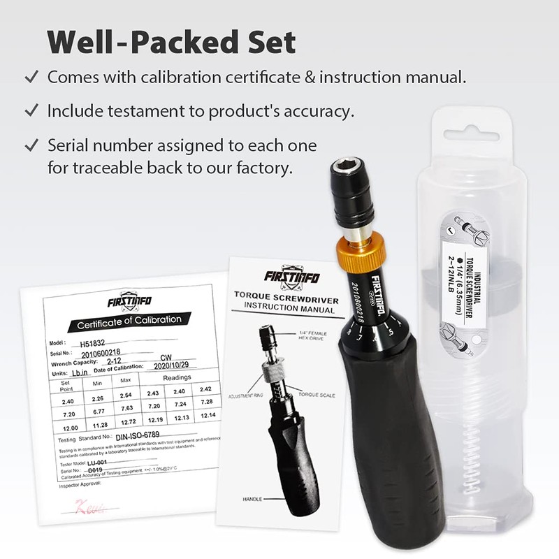 FIRSTINFO H51832 Precision Certified Limited/Limiting Torque Screwdriver with 1/4 Inch