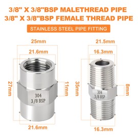 GASHER 4PCS 304 Stainless Steel Pipe Fitting, Hex Nipple Hex Coupling, 3/8" x 3/8" BSP Male Thread Pipe, 3/8Inch x 3/8Inch BSP Female Thread Pipe