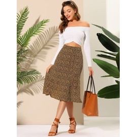 Allegra K Women's Floral Midi Skirt Peasant Elastic Waist A-Line Ditsy Leave Print Skirts X-Small Black Yellow