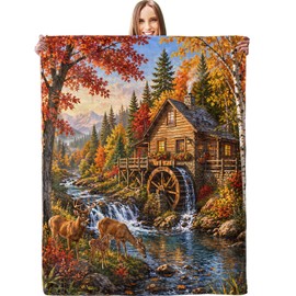 dhakalrlde Forest Deer Cabin Blanket, Soft Waterfall Rustic Lodge Wildlife Scene Throw Blanket Gifts for Men Women Teens, Lightweight Warm Cozy 60×50 inch Country Flannel for Couch, Travel, Decor