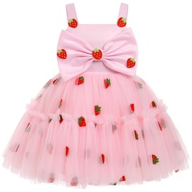 ODASDO Strawberry Dress Baby Girl, Strawberry Baby Dress, Toddler Kids Berry Birthday Party Dress Spaghetti Straps Bowknot Tutu Tulle Princess A-line Dresses for Wedding Pageant Formal Pink 5-6 Years