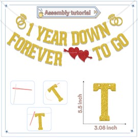 KEWUFD 1 Year Down Forever to Go Banner, Happy 1st Anniversary Party Decor Sign, Funny 1st Wedding Anniversary Party Decorations Supplies Gold Glitter