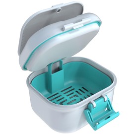 ARGOMAX Leak Proof Denture Bath Cup, Portable Soaking Denture Box, Denture Bath Case with Strainer, for Dentures and Braces, Upgraded Version with Storage Compartment (White + Cyan).