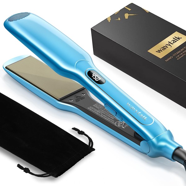 Hair Straightener, 1.75 Inch Wide Titanium Flat Iron for Hair, Professional Hair Straightener with Adjustable Temp(290 ℉-450℉), Fast Heat up Dual Voltage Flat Iron (Blue)