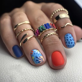 Press on Nails Short Square False Nails Gradient Blue Circular Dot Pattern Design Fake Nails 24 PCS Artificial Nude Full Cover Glue on Reusable Glossy Stick on Acrylic for Woman