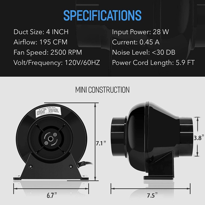 iPower 4 Inch 195 CFM Inline Fan Air Carbon Filter