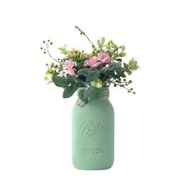 Mint Green Mason Jar with Greenery and Pink Flowers – 32 oz Farmhouse Floral Centerpiece – Girl Baby Shower Decor, Baptism Table Decor, Nursery or Shelf Styling (Mint Green Jar w/Greenery/Pink)