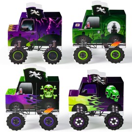 Haooryx Origami Monster Truck Boxes - 12pcs Green Purple Origami Monster Truck Candy Treat Boxes Lightning Skull Racing Car Cartoon Goodie Bag Toy Car Birthday Christmas Winter Xmas New Year Party