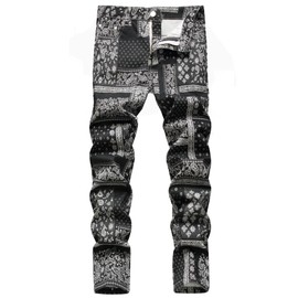 Baylvn Men's Casual Paisley Printed Jeans Black Skinny Denim Pants,827 Black,Size 36
