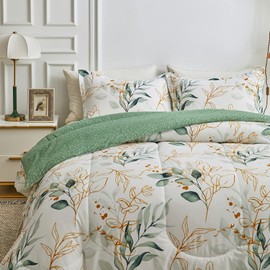 Joyreap 3pcs Botanical Comforter Set King, Green n Golden Leaves on White Reversible Design, Smooth Soft Microfiber Bedding Comforter Set for All Season, 1 Comforter n 2 Pillow Shams, 102x90 inches