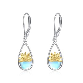 POPLYKE Sunflower Jewelry 925 Sterling Silver Sunflower Dangle Drop Earrings for Women (4-Sunflower Moonstone)
