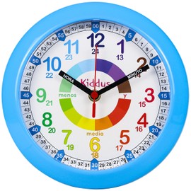 KIDDUS ESPAÑOL Azul Children's Wall Clock Analogue Time Teacher with Time Learning Exercises. Silent Clock. Many Languages