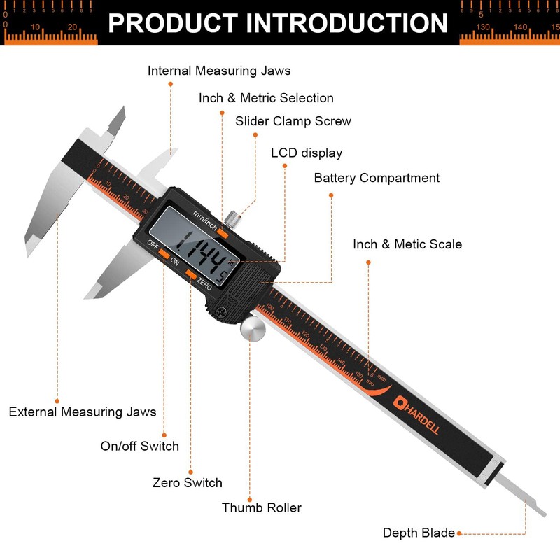 HARDELL Digital Caliper, 6 Inch Stainless Steel Caliper Measuring Tool