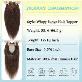 OLLAVO Hair Toppers for Women Real Human Hair, 360° 3D Toppers Pieces for Women with Thinning Crown Wispy Bangs 12 Inch Upgrade Big Basement (Mocha Brown, 12 Inch Wispy Bangs)