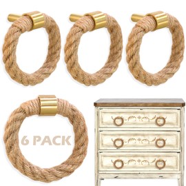 QNNEFF 6PCS Nautical Twisted Jute Rope Drawer Pulls Brushed Brass Dresser Knobs Rustic Hemp Rope Drawer Pulls Antique Handles Cabinet Hardware Cupboard Wardrobe Door Furniture Knobs